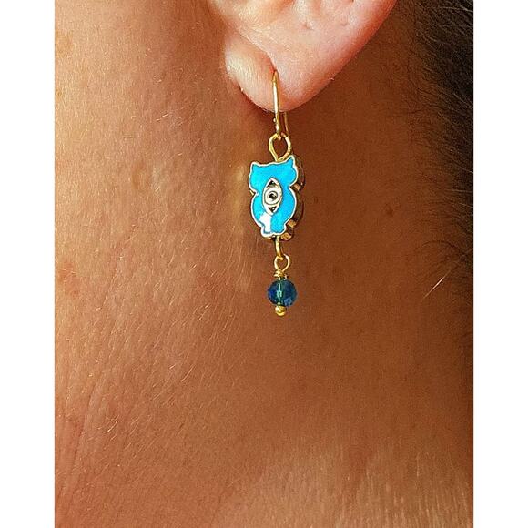 Teal Blue Enamel Owl Earrings Evil Eye Drop Hypoallergenic Gold Plated Hook - Picture 2 of 6